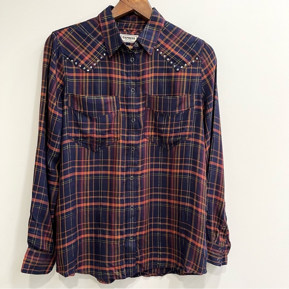 Express boyfriend plaid western snap front shirt rodeo navy blue metallic medium